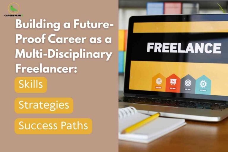 The image is split into two sections. On the left side, there is a tan-colored background with white bold text that reads: "Building a Future-Proof Career as a Multi-Disciplinary Freelancer:". Below the main heading, there are three yellow rounded rectangles stacked vertically, each containing a word in white text: "Skills", "Strategies", and "Success Paths". At the top left corner, there is a small green and yellow icon with the words "CAREER PLAN" in black. The right side of the image shows a laptop on a wooden desk. The laptop screen displays the word "FREELANCE" in large white letters over a yellow and black banner. Beneath the word "FREELANCE" are four colored icons with labels ("VIEW MORE") representing categories such as a globe, presentation board, target, and gear. In front of the laptop, there is a white spiral notebook and a yellow pencil placed diagonally. The background features blurred shelves with books and decorative items.