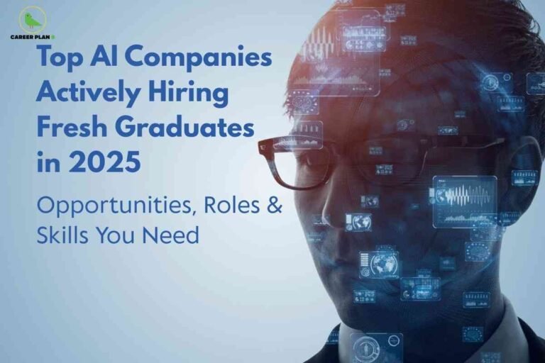 The left side of the image features a light blue background with a green bird logo labeled “CAREER PLAN B” in the top left corner. Below the logo, large bold blue text reads: “Top AI Companies Actively Hiring Fresh Graduates in 2025.” Underneath, smaller blue text states: “Opportunities, Roles & Skills You Need.” The right half of the image shows the profile of a person in glasses, partially covered by a privacy blur over the face. Around the head are various digital interface graphics, such as data charts and futuristic icons, suggesting technology and artificial intelligence. The composition visually emphasizes industry demand and career readiness for AI graduates in 2025.