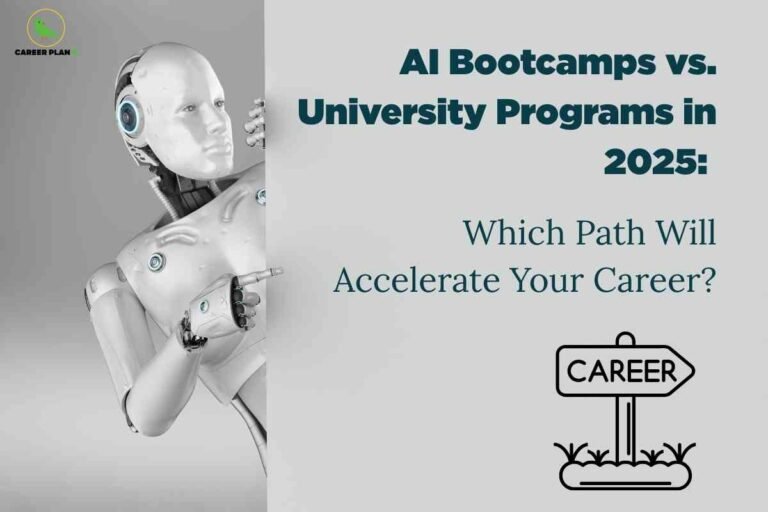 The image is split into two sections. On the left, a white humanoid robot peeks from behind a vertical panel, with visible mechanical details such as sensors, joints, and blue-tinted eyes. The top left features a “CAREER PLAN B” green bird logo. On the right half, bold blue text reads: “AI Bootcamps vs. University Programs in 2025: Which Path Will Accelerate Your Career?” Beneath the question is a black line illustration of a signpost labeled “CAREER” set in grass. The overall theme compares AI bootcamps and university programs as career advancement options for 2025.