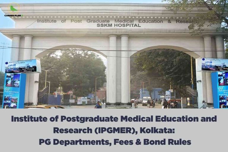 The image shows the grand entrance archway of SSKM Hospital, prominently labeled “Institute of Post Graduate Medical Education & Research SSKM Hospital.” The arch is flanked by tall white columns, with trees visible in the background. Several people and vehicles move about near the entrance, giving a sense of daily activity. In the top left corner is a green bird logo labeled “CAREER PLAN B.” Along the bottom is a wide grey banner containing bold dark blue text: “Institute of Postgraduate Medical Education and Research (IPGMER), Kolkata: PG Departments, Fees & Bond Rules.” The image highlights key details about postgraduate departments, fee structures, and bond rules at IPGMER Kolkata.