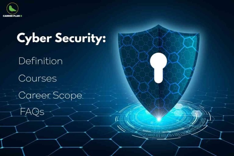 A digital shield with a glowing keyhole in the center is set against a futuristic hexagonal grid, symbolizing cyber security protection, with text highlighting cyber security definition, courses, career scope, and FAQs, visually representing cyber security career opportunities in 2025.
