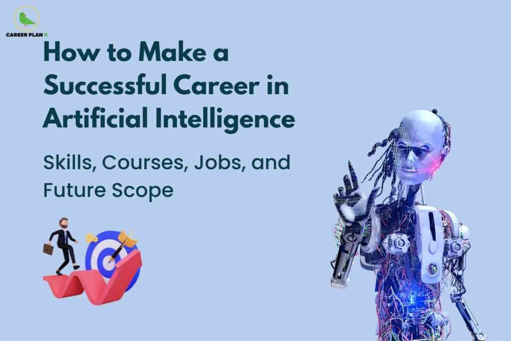A humanoid robot with visible circuits and mechanical features gestures beside text about building a successful artificial intelligence career, with graphics of a man running toward a target symbolizing progress, skills and future opportunities in artificial intelligence career.