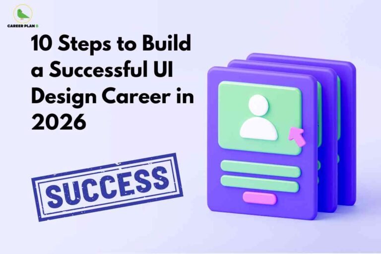 A clean digital graphic showing three stacked UI profile cards in vibrant green and purple with a white user icon and a pink arrow, alongside bold text that reads 10 steps to build a successful UI design career in 2026 and a blue success stamp, visually representing guidance for a UI design career in 2026.