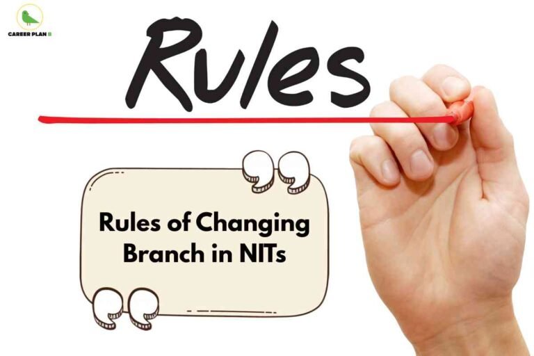 Hand holding red marker underlining black handwritten Rules text above speech bubble containing rules of changing branch in NITs with Career Plan B logo on white background