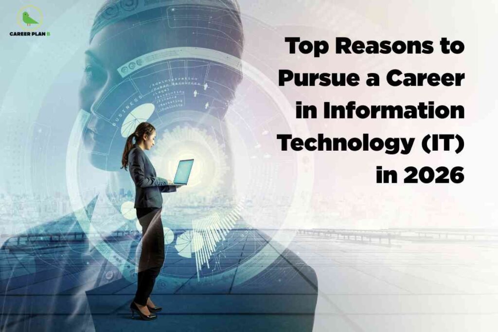 A professional woman in formal attire stands with a laptop on an urban rooftop, surrounded by digital graphics and futuristic interface elements, highlighting top reasons to pursue an Information Technology career in 2026.