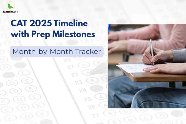Student hands writing with silver pen on notebook at wooden desk displaying CAT preparation timeline 2025 with prep milestones month-by-month tracker featuring calendar icons background and Career Plan B logo in corner