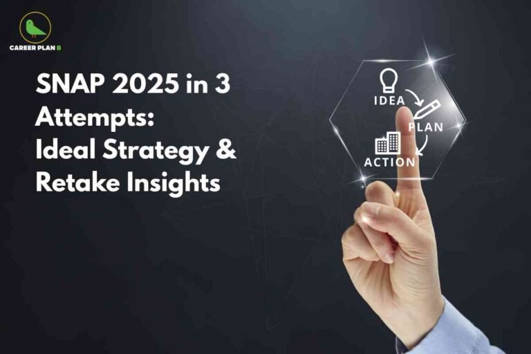 Professional hand pointing at glowing hexagonal strategy diagram showing idea plan action cycle against dark background explaining SNAP 2025 multiple attempts ideal strategy and retake insights with Career Plan B logo in corner