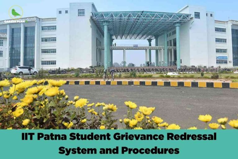 Modern white IIT Patna campus building with glass facade and distinctive architectural bridge structure surrounded by bright yellow marigold flowers along yellow-black striped road barrier explaining student grievance redressal system and procedures with Career Plan B logo and teal banner