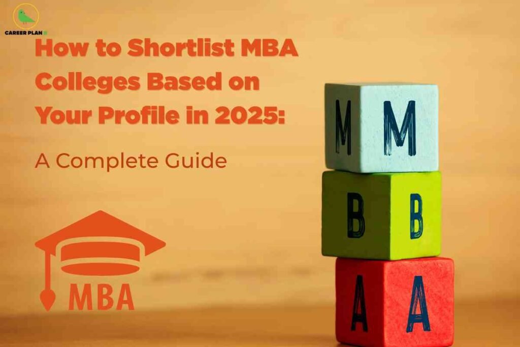 This image shows a warm beige background with a stack of three colored blocks on the right side. The blocks are blue, green, and red from top to bottom, each labeled with a letter: "M", "B", and "A", vertically spelling "MBA." To the left, bold orange text reads "How to Shortlist MBA Colleges Based on Your Profile in 2025:" followed by "A Complete Guide" in a smaller font. At the bottom left corner, there is an orange graduation cap icon and "MBA" underneath. The top left features a green bird logo labeled "CAREER PLAN B." The design visually communicates guidance for MBA college selection tailored to personal profiles in 2025.