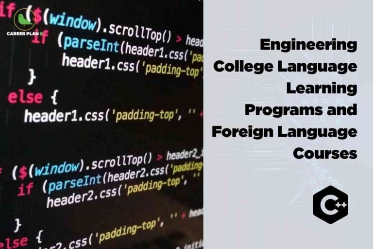 Computer programming code on dark screen with colorful syntax highlighting next to white section displaying Engineering College Language Learning Programs and Foreign Language Courses with C plus plus hexagonal logo and Career Plan B branding