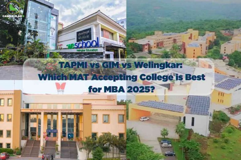 This image is a collage of campus photographs representing three MBA colleges: TAPMI, GIM, and Welingkar. The campuses feature modern buildings, greenery, and open spaces, with the TAPMI and Welingkar logos visible on their respective campus images. Across the center of the image, bold blue text reads: "TAPMI vs GIM vs Welingkar: Which MAT Accepting College is Best for MBA 2025?" In the top-left corner, the green bird logo and "CAREER PLAN B" text are present. The overall design highlights a comparative focus on top MAT-accepting MBA colleges for 2025 admissions, helping aspirants evaluate their options visually and contextually.