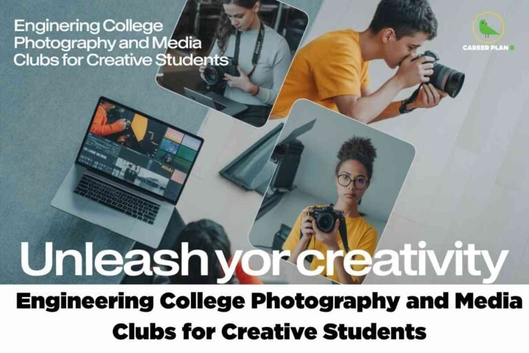 Multiple images showing students with professional DSLR cameras and laptop displaying video editing interface promoting unleash your creativity in engineering college photography and media clubs for creative students with Career Plan B logo