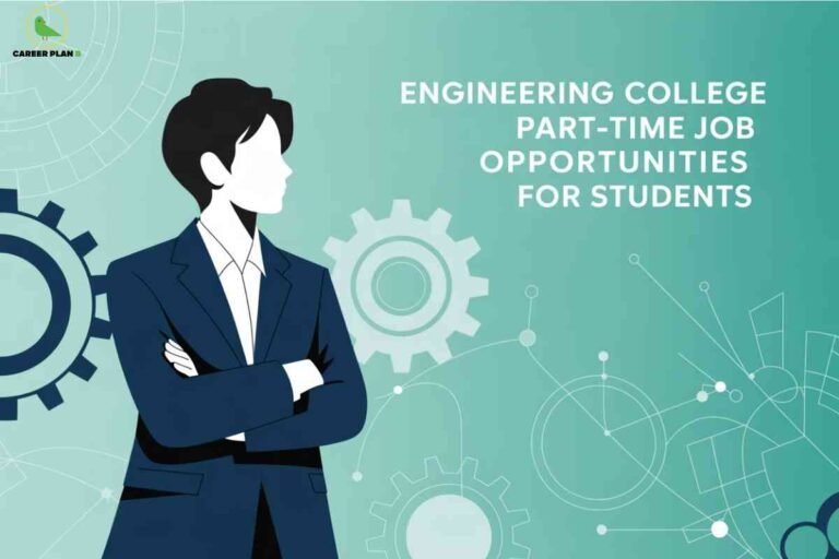 Professional illustration of business person in dark suit with arms crossed against turquoise background featuring mechanical gears and network diagrams promoting engineering students part-time jobs opportunities with Career Plan B logo