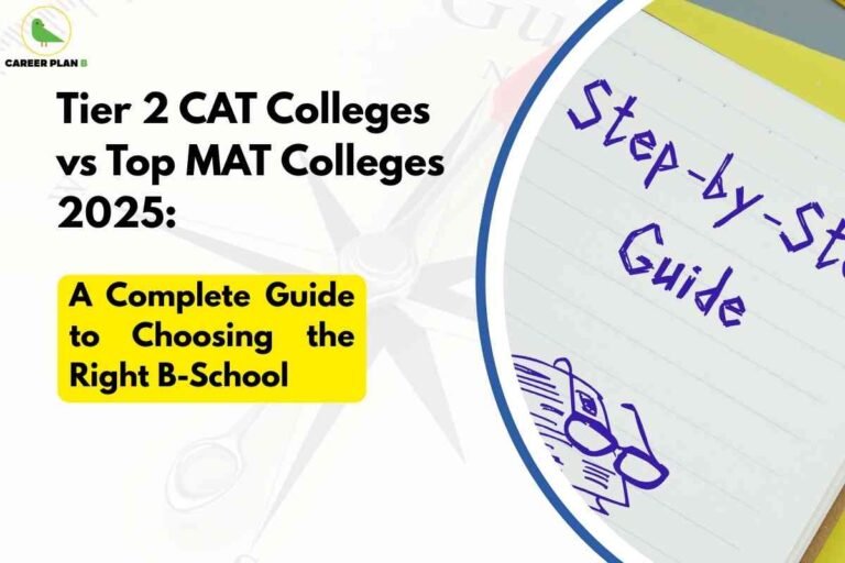 This image features a white background with a partial illustration of a notebook on the right side, displaying handwritten blue text "Step-by-Step Guide" and a small sketch of glasses on papers. On the left, black bold text reads "Tier 2 CAT Colleges vs Top MAT Colleges 2025:" followed by a highlighted yellow box with "A Complete Guide to Choosing the Right B-School" in bold black letters. The top-left corner contains a green bird logo and the words "CAREER PLAN B." The design visually suggests a comparative and practical guide for MBA aspirants selecting between Tier 2 CAT and top MAT colleges for 2025, emphasizing a step-by-step approach.