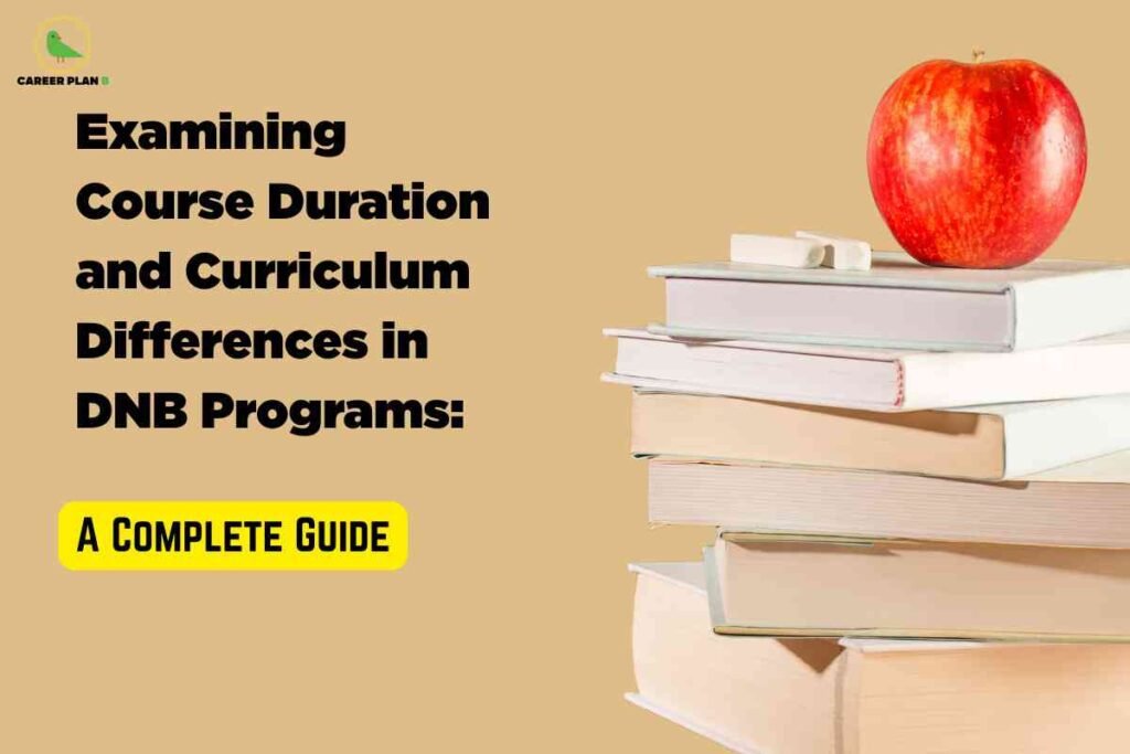 A stack of books with an apple and a piece of chalk on top is placed on the right side against a tan background. On the left, bold black text reads "Examining Course Duration and Curriculum Differences in DNB Programs:" with a bright yellow box below that says "A Complete Guide." The Career Plan B logo is at the top left, symbolizing education and academic exploration in DNB studies.