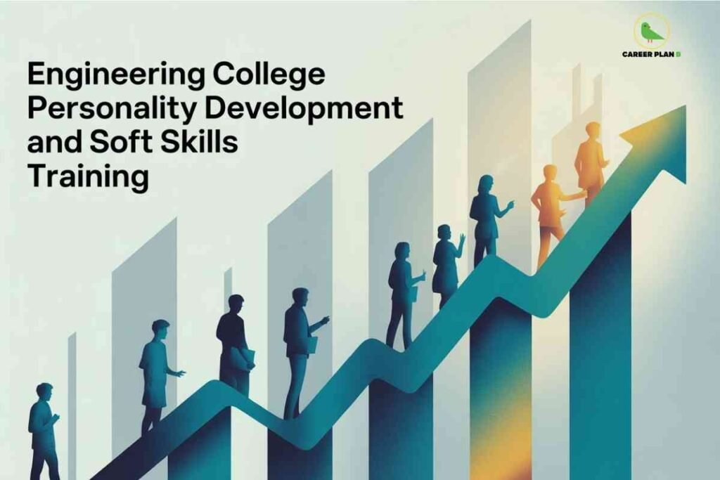 The image features a clean, light background with the headline "Engineering College Personality Development and Soft Skills Training" in bold black text on the upper left. In the top right is a green bird logo labeled "CAREER PLAN B." The main illustration shows a rising arrow that moves upward across stylized bar graphs, symbolizing growth and progress. Alongside and on the arrow, there are silhouettes of people—students or young professionals—engaged in conversation, holding books or laptops, interacting, and moving upward. The visual theme highlights the journey of personal and professional skill building, emphasizing development and upward career movement in an engineering college environment.