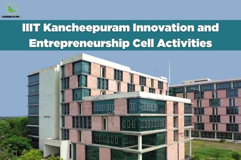 The image displays a large, modern academic building with several floors, featuring a combination of pink and cream exterior walls and green-tinted windows. The building is surrounded by greenery and set against a clear blue sky. At the top left, the green bird logo labeled "CAREER PLAN B" is present. Across the top center, a teal banner with bold white text reads "IIIT Kancheepuram Innovation and Entrepreneurship Cell Activities." The visual conveys the theme of innovation and entrepreneurship initiatives taking place within the campus of IIIT Kancheepuram.