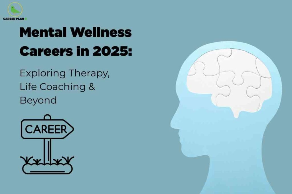 A digital illustration features a soothing blue background and centers around the theme of mental wellness careers in 2025. On the left side, bold black text reads "Mental Wellness Careers in 2025: Exploring Therapy, Life Coaching & Beyond." Below this, there is an outlined graphic of a street sign labeled "CAREER" planted in the grass, symbolizing guidance and direction in career paths. On the right side, there is a profile of a human head colored in light blue, with its brain area depicted as interconnected white puzzle pieces, representing the complexity of mental health and cognitive functions. The logo “Career Plan” appears at the top left corner, featuring a green circular design with a stylized bird, reinforcing the career planning theme. The overall composition visually conveys the idea of exploring various professions focused on mental health and personal development in the near future.
