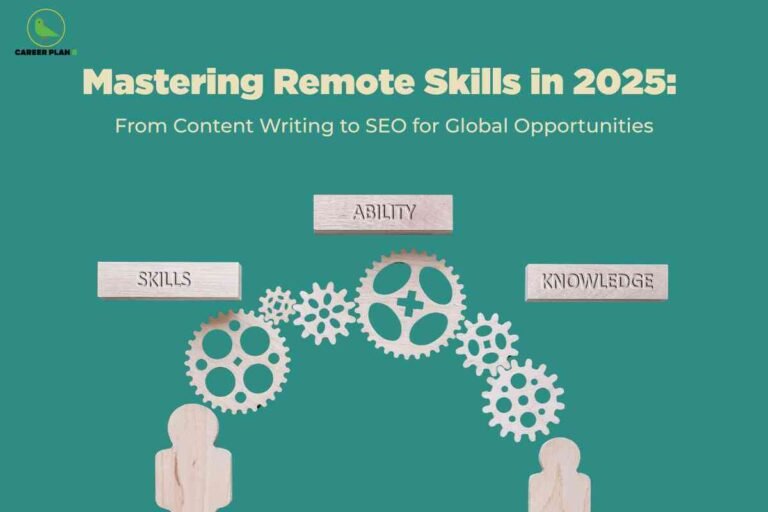 A visually engaging graphic intended for a career-focused website emphasizes the importance of remote skills in 2025. The background is a solid teal color. At the top left corner, a small round logo for "CAREER PLAN" is visible in green. Dominating the center is bold yellow text stating: “Mastering Remote Skills in 2025:” followed below by smaller text: “From Content Writing to SEO for Global Opportunities.” In the lower half of the image, two light wooden human figures stand at either side, connected by a bridge formed from interlocking pale wooden gears and cogs. Suspended over the gears are three light-colored wooden blocks inscribed with “SKILLS,” “ABILITY,” and “KNOWLEDGE.” The illustration visually connects people through technology, symbolizing how skills, knowledge, and ability are linked in remote work, while reinforcing opportunities in content writing, SEO, and related global remote careers.