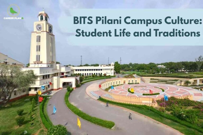 The image displays a wide shot of the BITS Pilani campus, with a prominent cream-colored clock tower on the left and several academic buildings arranged around a large, circular open plaza. The foreground features well-maintained lawns, colorful flags, and a curved driveway, conveying a vibrant and prestigious college environment. In the top left corner, there is a green bird logo with the label "CAREER PLAN B." At the top right, within a light blue translucent box, bold black text reads "BITS Pilani Campus Culture: Student Life and Traditions." The scene and design emphasize the atmosphere, traditions, and social experience of student life at BITS Pilani.