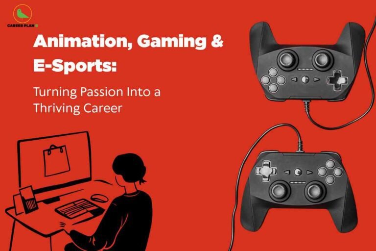 A vibrant career-themed graphic with a solid red background promotes the fields of animation, gaming, and e-sports. In the top left corner is a small green "CAREER PLAN" logo. Large, bold white text at the top reads: “Animation, Gaming & E-Sports:” with a subheading below in smaller white letters: “Turning Passion Into a Thriving Career.” On the left half of the image is a black outlined illustration of a person seated at a desk, focused on working at a desktop computer with a tablet and phone nearby, symbolizing digital creativity and design. The right side features two realistic black game controllers, each with control buttons and sticks, connected by cords, representing gaming and e-sports. The composition visually blends technology, passion, and digital artistry, highlighting viable career paths in these dynamic industries.