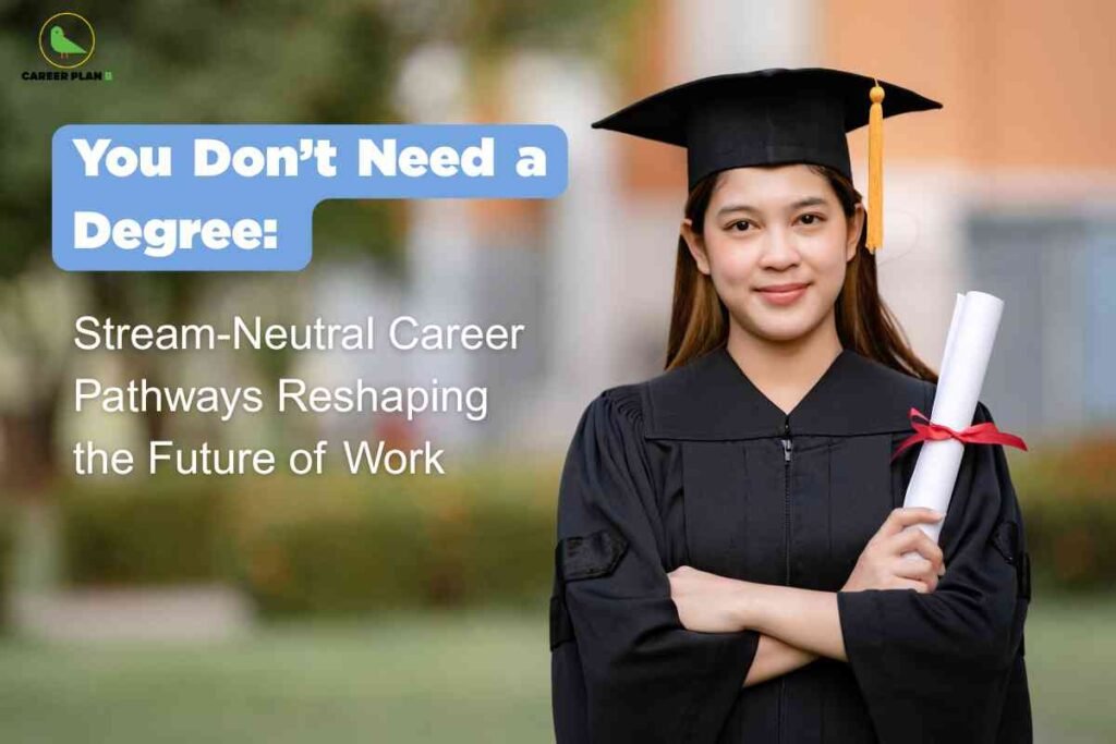 A career-oriented graphic highlights alternative career pathways that do not require a traditional college degree. The background shows an outdoor campus setting with greenery and buildings softly blurred, emphasizing an educational environment. On the left side, prominent bold white and blue text reads: “You Don’t Need a Degree:” followed by smaller white letters: “Stream-Neutral Career Pathways Reshaping the Future of Work.” On the right side stands a person wearing a black graduation cap and gown, holding a rolled-up diploma tied with a red ribbon and crossing their arms in front of their chest. The top left corner contains a green round “CAREER PLAN” logo. The image communicates new, inclusive workforce options beyond conventional academic routes.