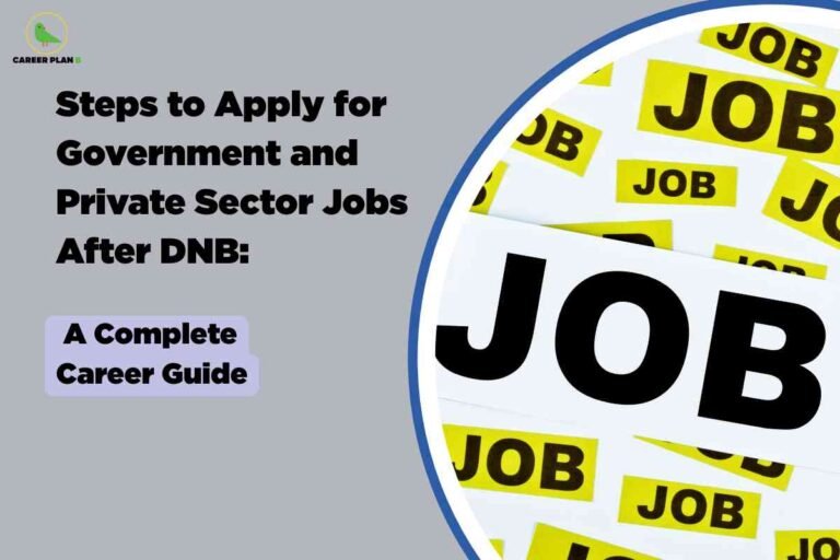On the left, bold black text reads, "Steps to Apply for Government and Private Sector Jobs After DNB:" against a grey background. Below, a light purple box highlights the phrase "A Complete Career Guide." On the right, a large section of the image displays the word "JOB" in bold black font with multiple yellow "JOB" labels layered in the background, visually representing job opportunities. The Career Plan B logo appears at the top left.