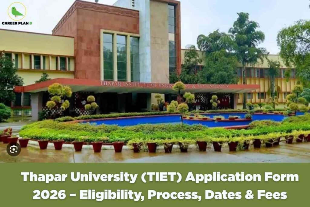 This image showcases a prominent building on the Thapar University (Thapar Institute of Engineering and Technology) campus, characterized by its modern architectural style with a reddish-brown and light beige facade. Large windows and a canopy over the entrance are visible, and the building is surrounded by lush greenery, manicured bushes, and a variety of potted plants arranged around a blue-bordered central garden feature. The sky is lightly overcast, and the environment conveys a well-maintained, academic setting. At the top left, there is a green bird logo with the text "CAREER PLAN B." A green banner at the bottom contains bold white text stating: "Thapar University (TIET) Application Form 2026 – Eligibility, Process, Dates & Fees." The image visually communicates comprehensive information about the application process, eligibility, important dates, and fees for Thapar University admissions in 2026.
