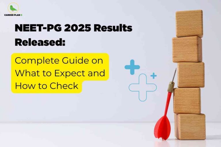 An informative exam results image for NEET PG 2025, featuring bold black text reading “NEET-PG 2025 Results Released: Complete Guide on What to Expect and How to Check” on a light background, with a highlighted yellow box for key guidance and a stack of wooden blocks with a red dart—symbolizing achievement and precision—visually emphasizing essential information for candidates on result checking and next steps.
