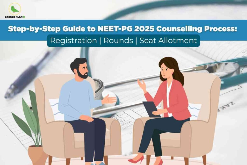 A process-focused NEET PG 2025 counselling guide image, featuring a blue headline banner reading “Step-by-Step Guide to NEET-PG 2025 Counselling Process: Registration | Rounds | Seat Allotment,” with an illustration of two people in conversation on armchairs, set against a background of medical documents and a stethoscope, visually emphasizing a clear step-by-step overview of the registration, rounds, and seat allotment process for postgraduate medical admissions