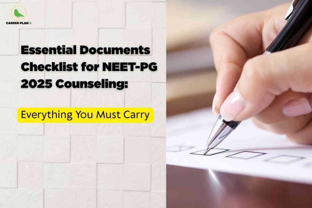 A clear documents checklist image for NEET PG 2025 Counseling, featuring a close-up of a hand checking boxes on a form with a pen, set against a tiled background, and bold black headline text reading “Essential Documents Checklist for NEET-PG 2025 Counseling: Everything You Must Carry,” visually emphasizing the list of crucial documents required for attending NEET PG 2025 counseling.
