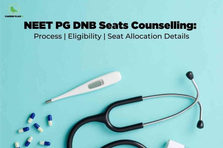 The background is a solid light teal color. In the top left corner, there is a small green bird logo with "CAREER PLAN B" written next to it. Across the top center, large bold black text reads: "NEET PG DNB Seats Counselling:". Beneath that, smaller black text states: "Process | Eligibility | Seat Allocation Details". In the lower half of the image, there is a flat-lay arrangement of medical items: a digital thermometer, a stethoscope, and scattered blue and yellow capsules, all symbolizing the medical field. The layout and elements visually represent an informative guide about NEET PG DNB seat counseling, including details about the process, eligibility, and seat allocation.