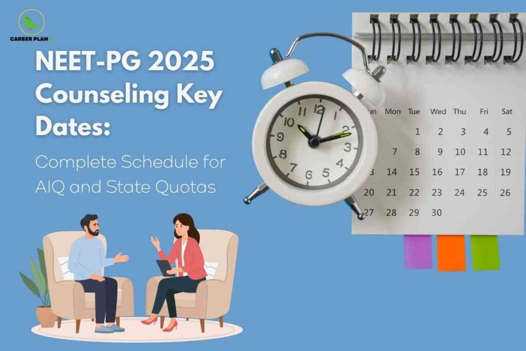 A schedule-focused NEET PG 2025 counseling dates image, featuring a blue background with large white text reading “NEET-PG 2025 Counseling Key Dates: Complete Schedule for AIQ and State Quotas,” alongside a white clock and monthly calendar for date emphasis, and an illustration of two people discussing counseling details, visually highlighting important registration and counseling dates for postgraduate medical admissions in 2025.