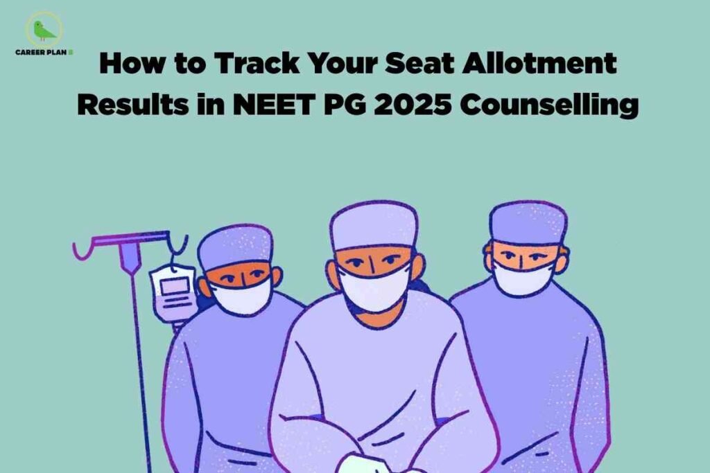 The background is a solid muted teal color. At the top left corner, there is a small green bird logo with "CAREER PLAN B" beside it. Centered at the top is bold black text that reads: "How to Track Your Seat Allotment Results in NEET PG 2025 Counselling." The lower half of the image features an illustrated group of three surgeons or doctors, all wearing purple surgical gowns, matching caps, white gloves, and white masks that cover their mouths. To the left of the group, an IV stand with a hanging fluid bag is also illustrated. The image visually suggests guidance related to checking or tracking the results of seat allotment during the NEET PG 2025 counseling process.