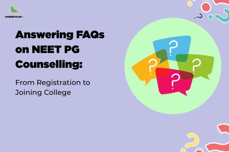 The image has a light purple background and contains both text and graphical elements. On the left side, there is a block of bold black text that reads: "Answering FAQs on NEET PG Counselling: From Registration to Joining College." Above this text, in the top-left corner, there is a small green bird icon with "CAREER PLAN B" written next to it. On the right side of the image, there is a large green circle containing four overlapping colorful speech bubbles (orange, blue, green, and red), each with a white question mark in the center. In the top-right and bottom-right corners, there are colorful abstract shapes and question marks to add a playful touch to the design. The image visually represents a guide or resource for answering common questions about the NEET PG counseling process, from registration to joining a college.