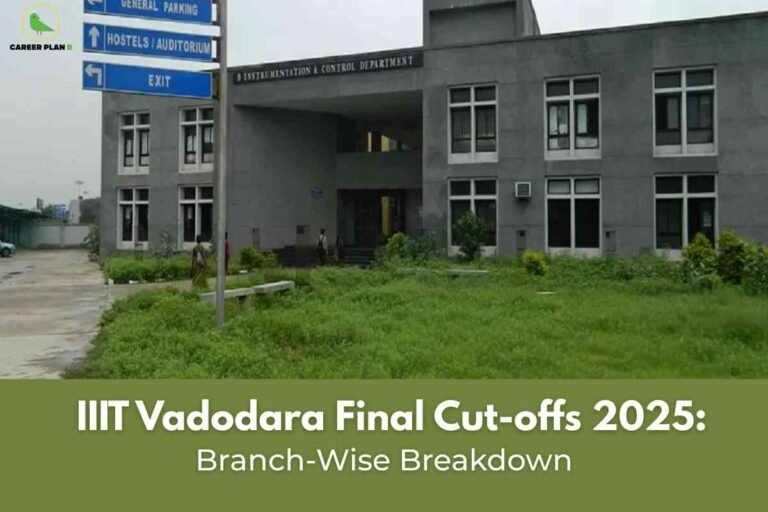 A branch-wise cutoff disclosure image for IIIT Vadodara Cutoffs 2025, featuring the modern campus building with a visible green lawn and directional signboards, and a bold green banner at the bottom stating “IIIT Vadodara Final Cut-offs 2025: Branch-Wise Breakdown,” visually emphasizing detailed cutoff ranks and analysis by program for the 2025 admission cycle.