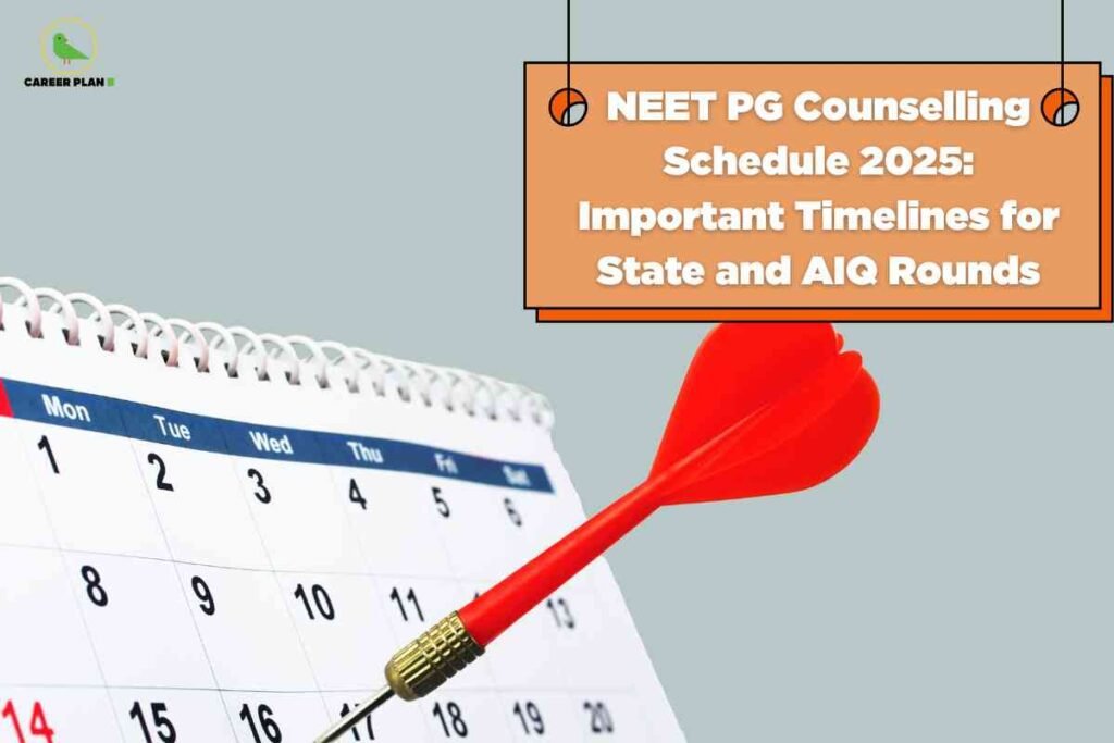 The background is a light grey color. In the top left corner, there is a green bird logo with the text "CAREER PLAN B" next to it. Toward the top right, there is an orange rectangular sign or board hanging from thin strings, featuring prominent white bold text that reads: "NEET PG Counselling Schedule 2025: Important Timelines for State and AIQ Rounds." In the lower left portion, a spiral-bound calendar is shown at an angle, displaying dates and days of the week. A red dart is stuck into the calendar, emphasizing the importance of specific dates. The image visually highlights the key dates and timelines for NEET PG counseling in 2025, focusing on both state and all India quota (AIQ) rounds.A detailed alt text for this image: The image has a light grey background. In the top left corner, there's a small green bird logo with the words "CAREER PLAN B" next to it. On the right side, there is a large orange rectangular board hanging from two strings, containing bold white text: "NEET PG Counselling Schedule 2025: Important Timelines for State and AIQ Rounds." The bottom left of the image depicts a spiral-bound calendar showing a typical month format with days and dates, and a red dart piercing through the date 16, drawing emphasis to an important day. The arrangement and elements highlight key dates and schedules for NEET PG Counselling in 2025, with a focus on state and All India Quota rounds.