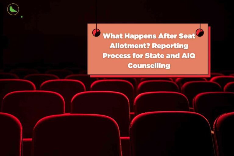 A dark movie theater filled with empty red seats. In the center, a peach-colored rectangular sign hangs down with bold white text: "What Happens After Seat Allotment? Reporting Process for State and AIQ Counselling." The scene is dramatic and emphasizes post-seat allotment procedures. The Career Plan B logo appears in the top left corner.