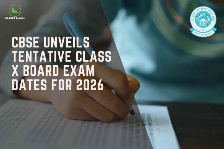 Student hand holding blue pen writing on paper with CBSE logo announcing tentative date sheet for Class XII board examinations 2026 beginning 17th February featuring Career Plan B branding on dark blurred background
