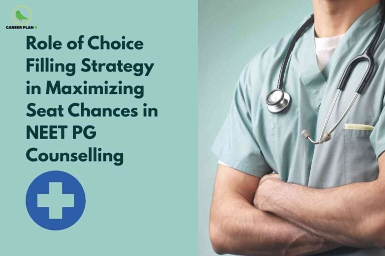A medical professional wearing teal scrubs with a stethoscope draped around the neck stands with folded arms on the right side. On the left, large bold text reads: "Role of Choice Filling Strategy in Maximizing Seat Chances in NEET PG Counselling." A blue medical cross symbol is displayed below the text. The background is a soft green, and the Career Plan B logo is visible at the top left.