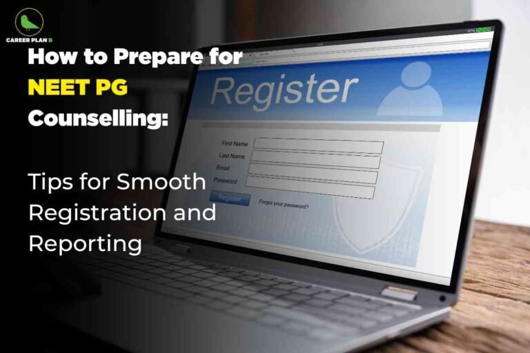 Laptop computer displaying online registration form with blue header showing user icon and input fields for first name last name email and password with register button demonstrating NEET PG counselling preparation guide including tips for smooth registration and reporting process with Career Plan B logo on dark background