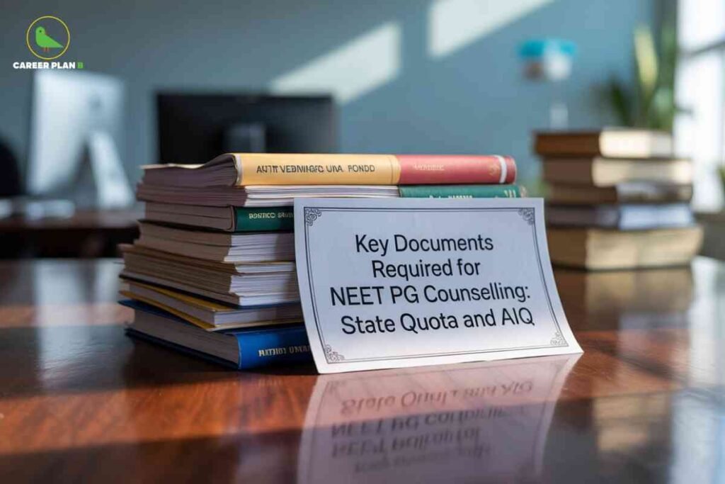 Stack of academic textbooks and educational materials on polished wooden table with white placard displaying key documents required for NEET PG counselling state quota and AIQ in modern office setting with Career Plan B logo and soft natural lighting