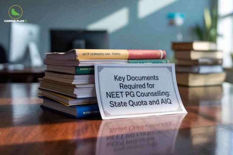 Stack of academic textbooks and educational materials on polished wooden table with white placard displaying key documents required for NEET PG counselling state quota and AIQ in modern office setting with Career Plan B logo and soft natural lighting