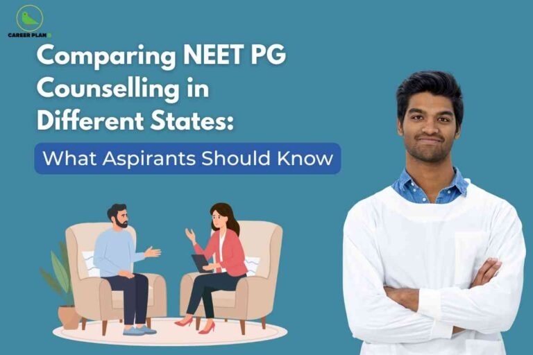 Young male medical professional in white coat with arms crossed smiling confidently next to illustrated consultation scene showing man and woman discussing NEET PG counselling in different states with Career Plan B logo on teal gradient background explaining what aspirants should know