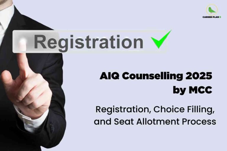 Professional businessman in dark suit pointing at translucent registration interface with green checkmark displaying AIQ counselling 2025 by MCC covering registration choice filling and seat allotment process with Career Plan B logo on light background