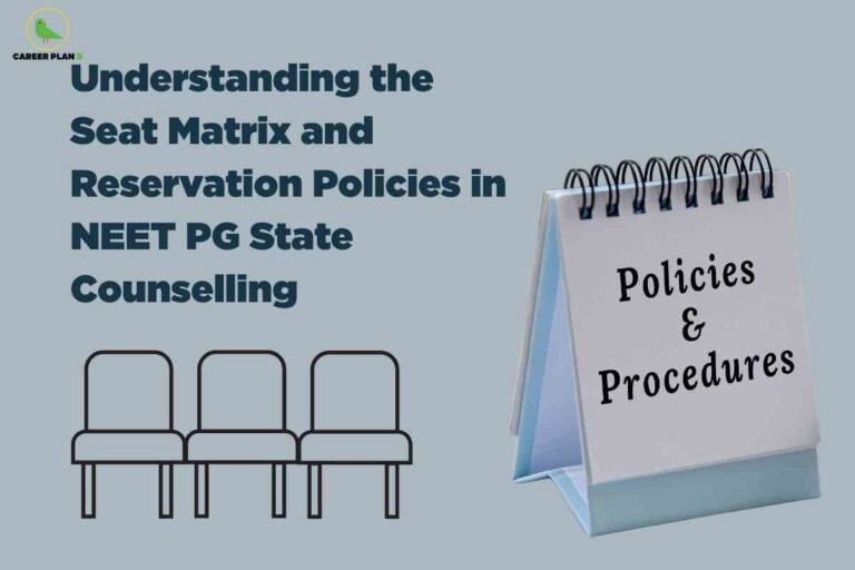 Gray background featuring illustrated row of empty chairs next to white spiral-bound desk calendar displaying Policies and Procedures text explaining understanding the seat matrix and reservation policies in NEET PG state counselling with Career Plan B logo
