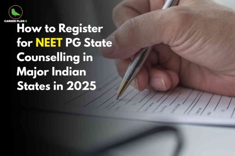 Close-up of hand holding pen filling out registration form on white paper explaining how to register for NEET PG state counselling in major Indian states 2025 with Career Plan B logo on dark background highlighting application documentation process