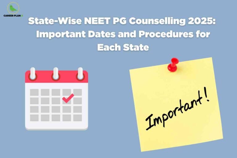 Blue gradient background featuring red spiral calendar with checkmarked date and yellow sticky note marked Important displaying state-wise NEET PG counselling 2025 important dates and procedures for each state with Career Plan B logo and reminder system elements