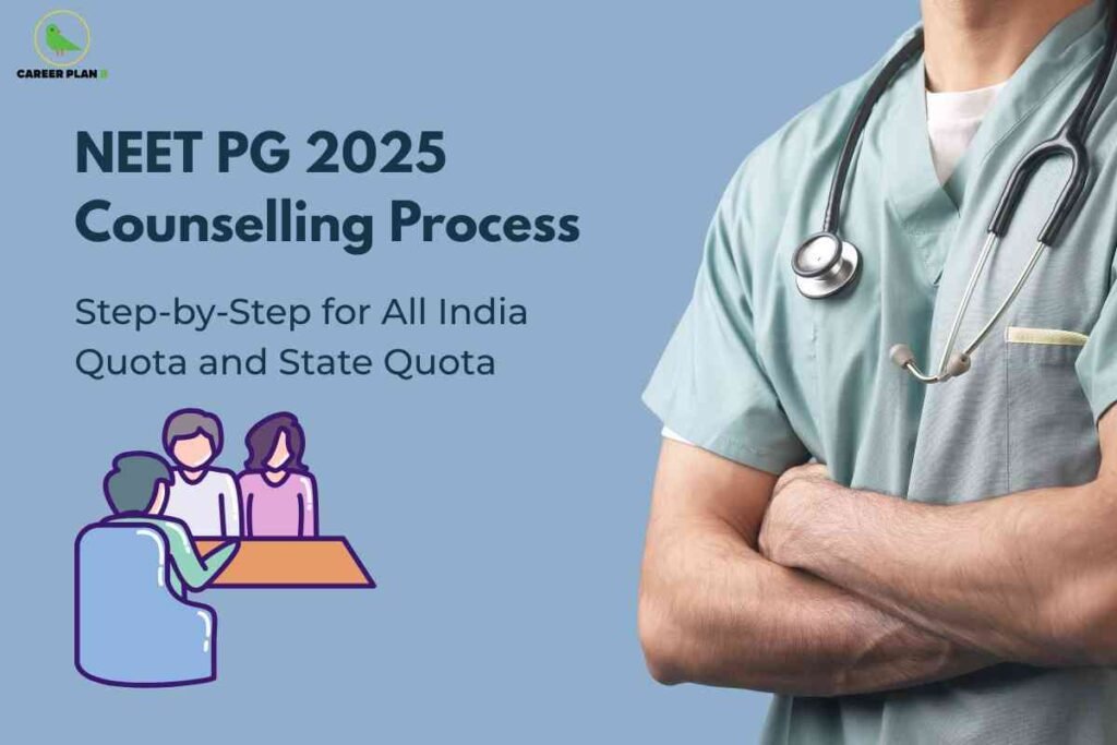 Medical professional in light blue scrubs with stethethoscope around neck and arms crossed next to purple line art illustration of two people sitting at consultation table explaining NEET PG 2025 counselling process step-by-step for All India Quota and State Quota on gradient blue background with Career Plan B logo