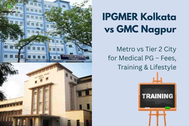 A comparative visual guide for IPGMER Kolkata vs GMC Nagpur, featuring images of the academic buildings from both institutions: IPGMER Kolkata at the top left with blue accents and GMC Nagpur at the bottom left with a beige façade. On the right, large bold text highlights “Metro vs Tier 2 City for Medical PG – Fees, Training & Lifestyle” and an illustration of a chalkboard reading “TRAINING,” visually emphasizing the comparison between metropolitan and tier 2 city postgraduate medical education environments regarding costs, clinical training, and lifestyle aspects.